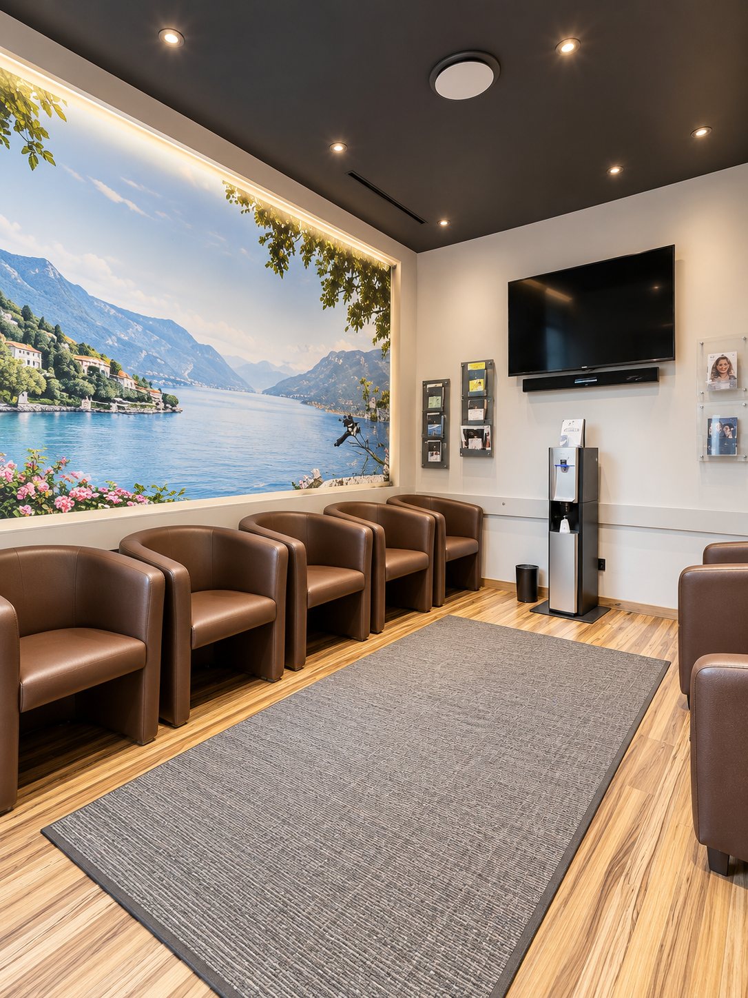 La sala d’attesa, con il Lago di Como dipinto a parete